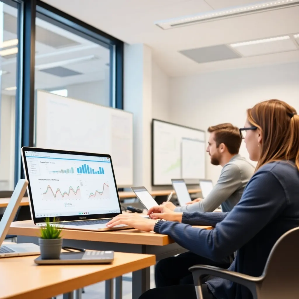 Študenti pracujúci s analytickými nástrojmi v modernej učebni