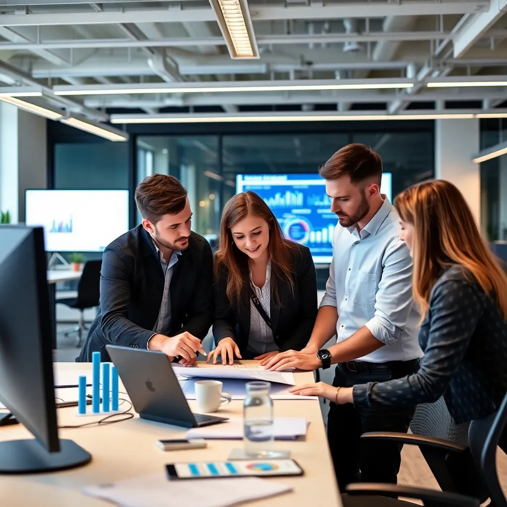 Tím analytikov spolupracujúcich na dátovom projekte v modernej kancelárii
